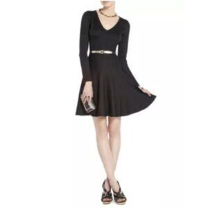 BCBGMaxAzria Anaya Black Silk/Cot Knit Fit n Flare Dress Long Sleeve Size L